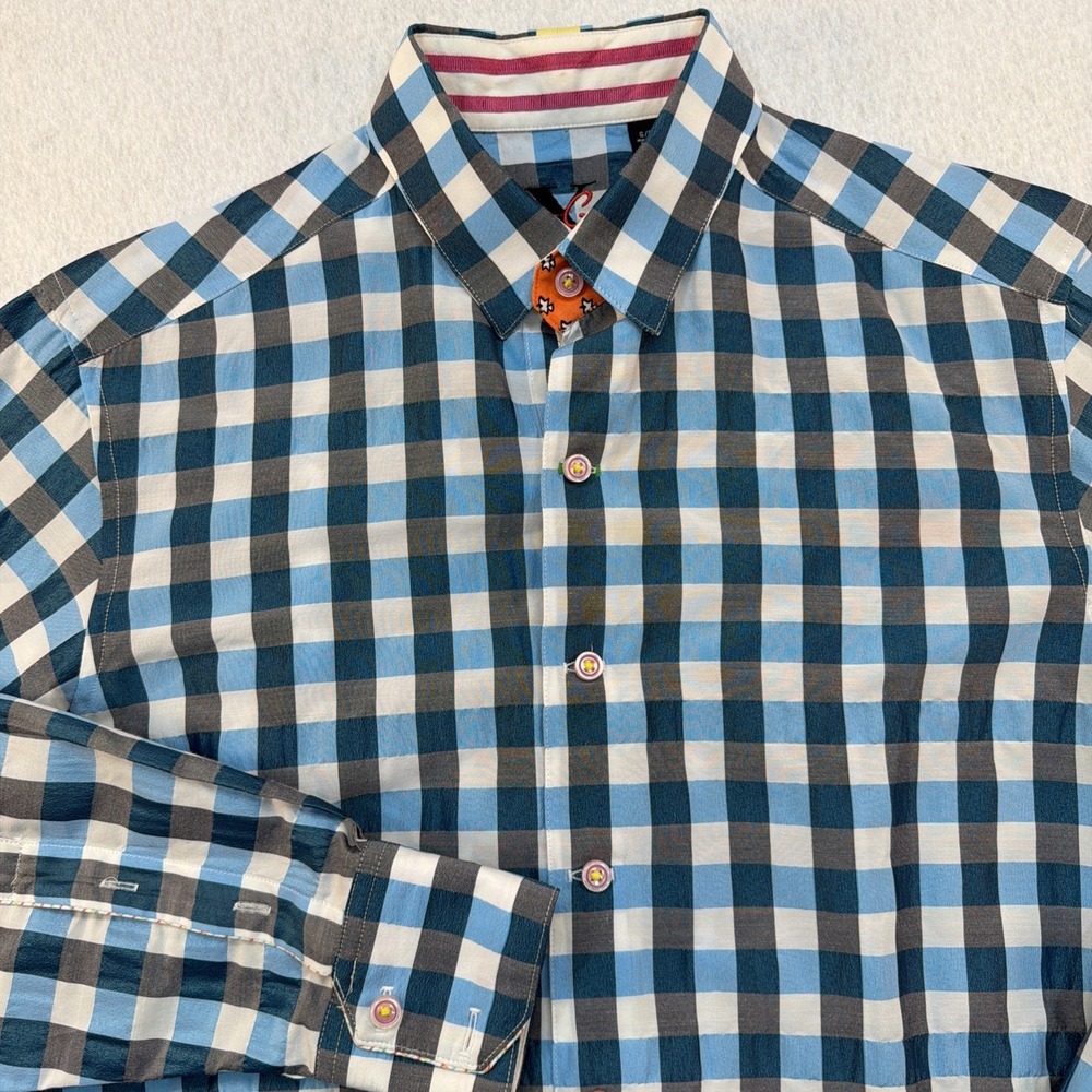 Robert Graham Men's Shirt Size Small Blue Gray White Flip Embellished Cuff